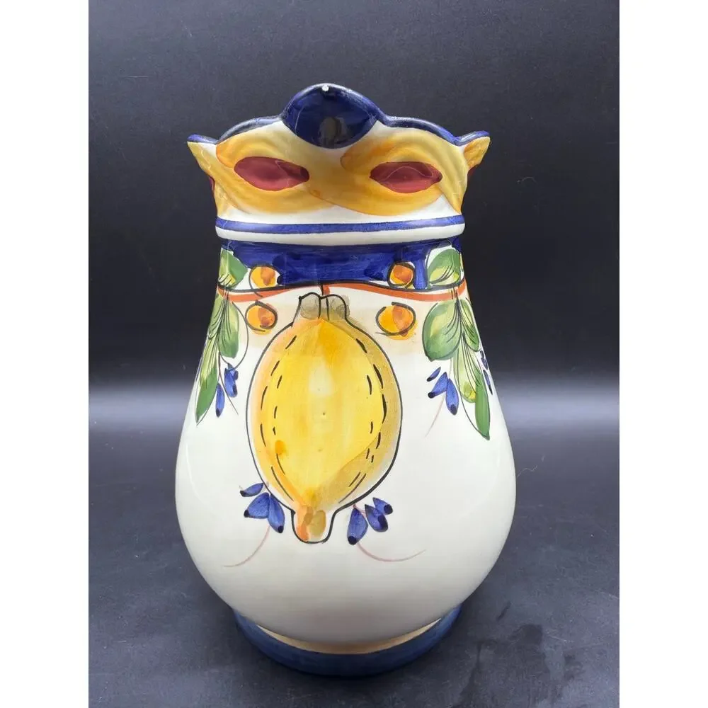 Jay Willfred Hand Painted Portugal Lemon Fruit Ceramic Pitcher Blue White Signed